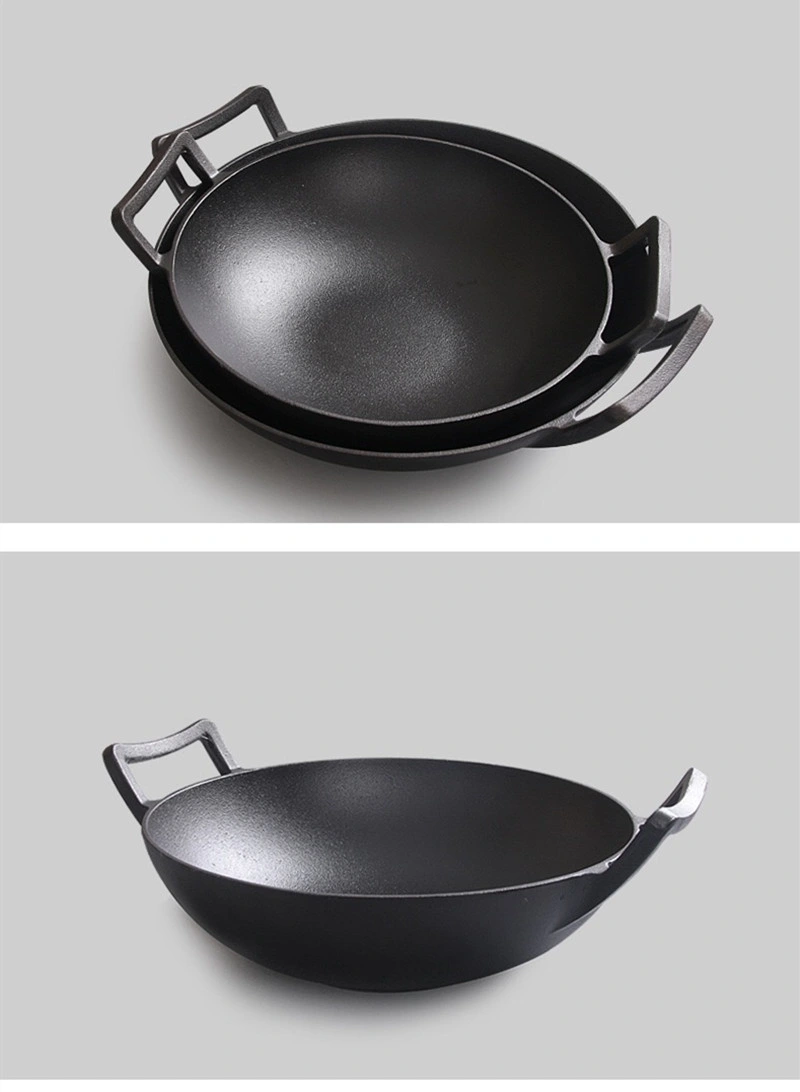 32cm Professional No Coating Chinese Cast Iron Binaural Wok Pan