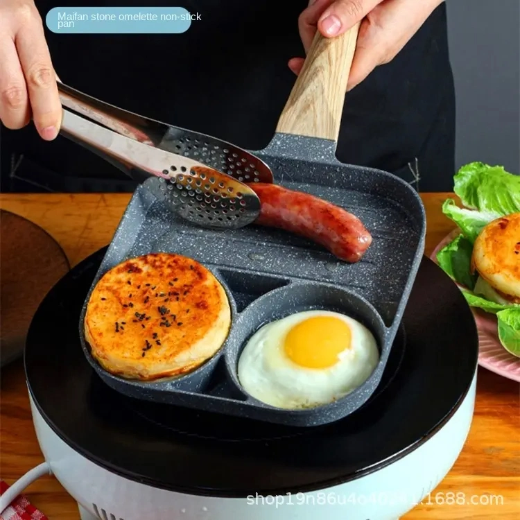 3 Section Divided Skillet Grill Square Omelette Nonstick Egg Frying Pan