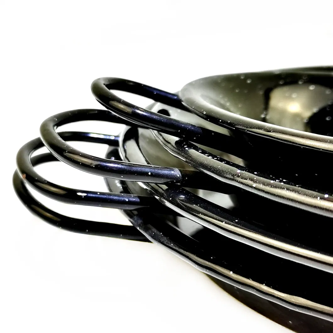 Shallow Type Enamel Paella Pan Seafood Cooking Pan with Black and White DOT