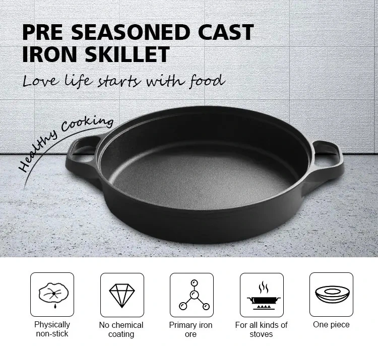 Factory Direct Supplier Kitchen 30cm Thickened Flat Baking Frying Pan Cast Iron Deep Skillet Pan with Double Ears