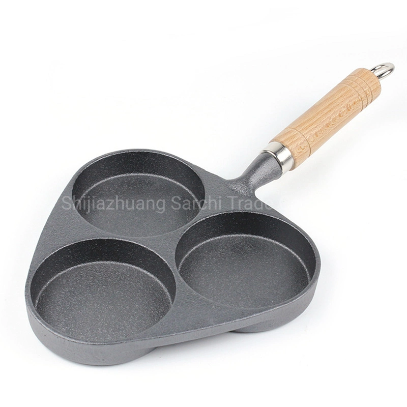 3-Cup Mini Egg Cast Iron Skillet Divided Omelet Frying Pan with Wood Handle