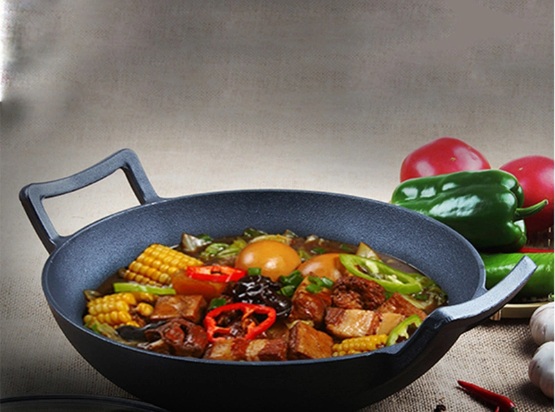 Non-Stick Chinese Cast Cooking Flat Bottom Stir Fry Pan Pre-Seasoned Heavy Duty Cast Iron Wok Pan