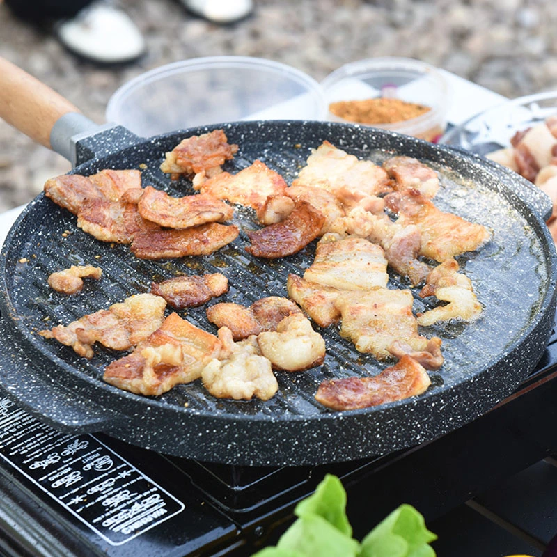 Double Use Non-Stick Coating Round Grill Crepe Pan with Removable Wooden Handle