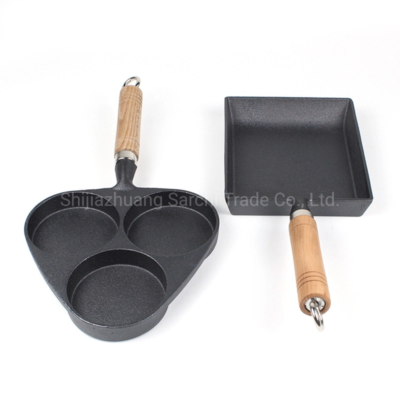 3-Cup Mini Egg Cast Iron Skillet Divided Omelet Frying Pan with Wood Handle