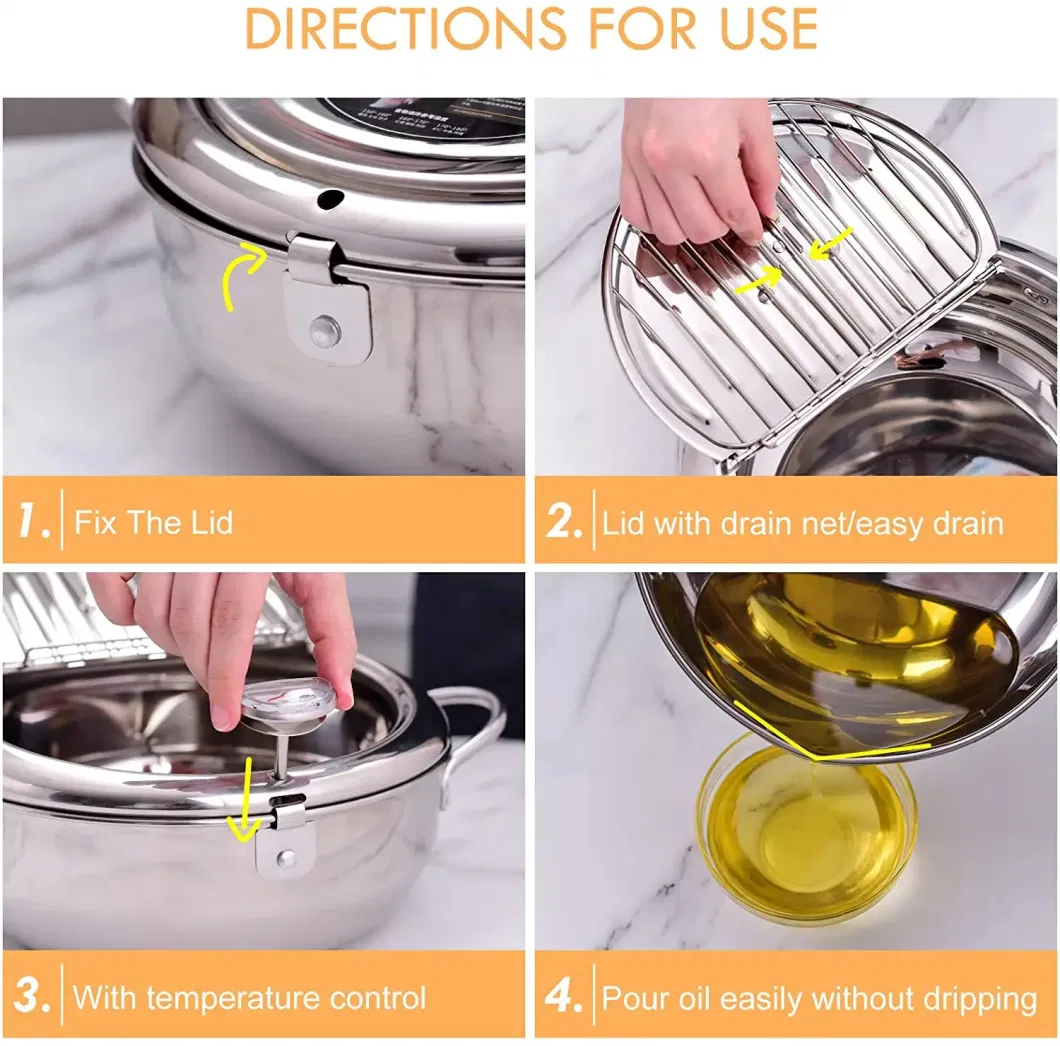 Deep Frying Pot Thermometer Lid 304 Stainless Steel Kitchen Tempura Fryer Pan