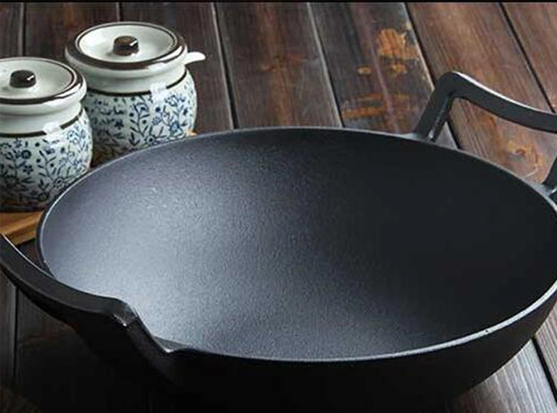 Non-Stick Chinese Cast Cooking Flat Bottom Stir Fry Pan Pre-Seasoned Heavy Duty Cast Iron Wok Pan