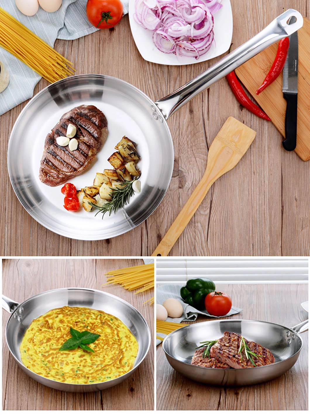 2023 Hot Selling Kitchenware Cooking Skillets Three-Layer Steel Frying Pan