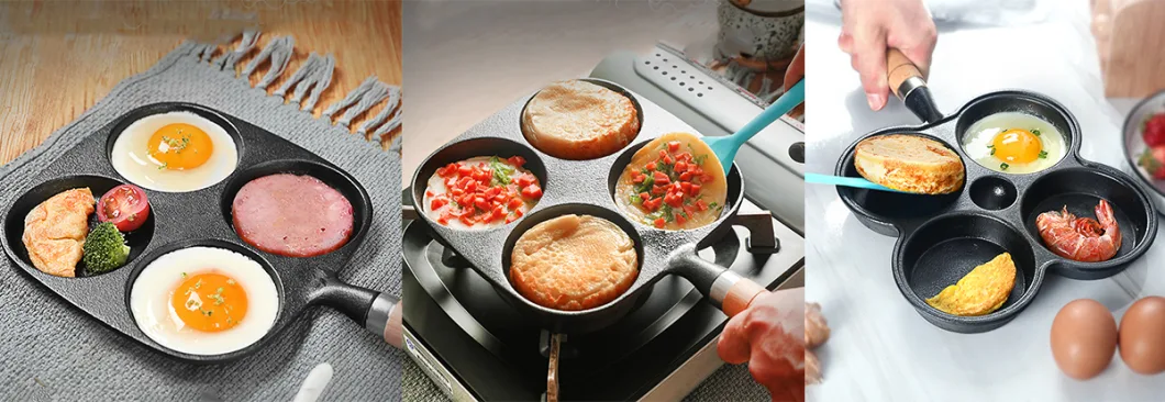 Egg Steak Burger Fried Omelet Pan Breakfast Maker Four Holes Non Stick Cast Iron Egg Frying Pan with Wooden Handle