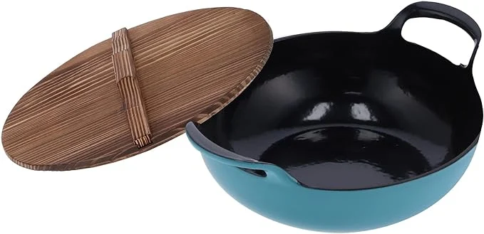 Kitchen Extra Large Induction 30 32 34 36cm Cooking Frying Cast Iron Wok Pan with Wooden Lid