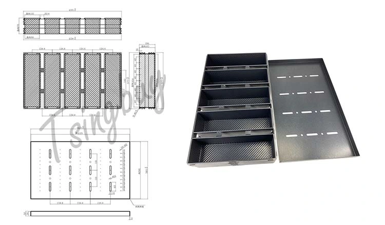 Custom Made Bakeware 5 Cavities Aluminium Alusteel Non Stick Corrugated Toast Sandwich Bread Loaf Baking Pan with Lid