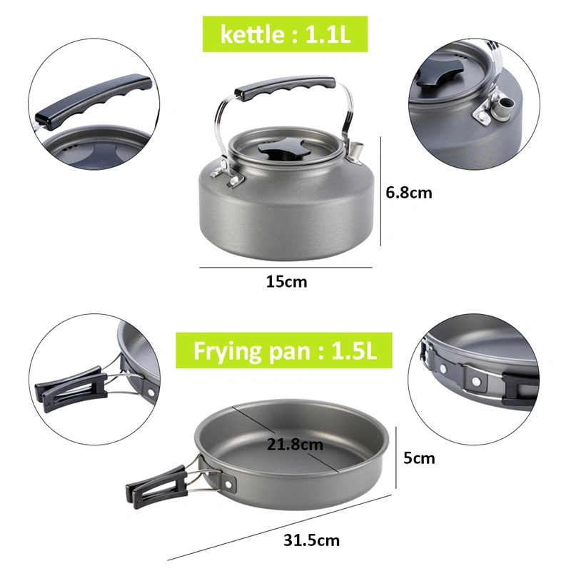 Hot Sale Travel Accessories Kettle Big Pot Non-Stick Pan Folding Cutlery Water Cup Camping Hard Anodized Aluminum Cookware Set