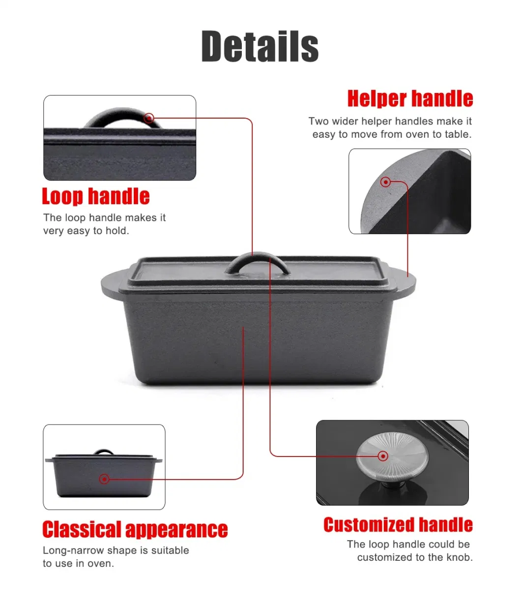 Cast Iron Rectangular Non-Stick Roasting Pan with a Square Fry Pan Lid of Kitchen Pot and Pan