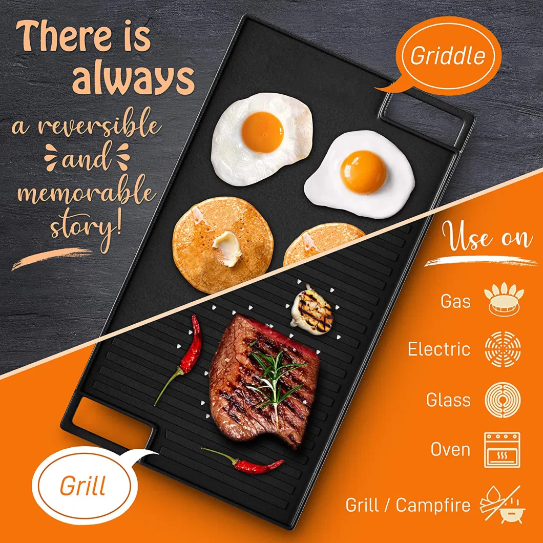 Cast Iron Griddle Reversible Grill Griddle Pan Non-Stick Dishwasher Safe Double Burner Family Grill/Griddle with Handles