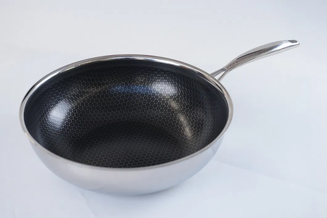 Wholesale High Quality 30cm Tri-Ply Stainless Steel Non-Stick Honey Comb Wok with Ceramic Paint Coating Pfoa&Pfas Free Cookware