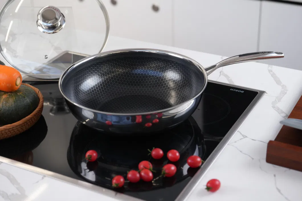 New Product Explosion 30cm Tri-Ply Stainless Steel Pfoa&Pfas Free Non-Stick Ceramic Hexagon Wok