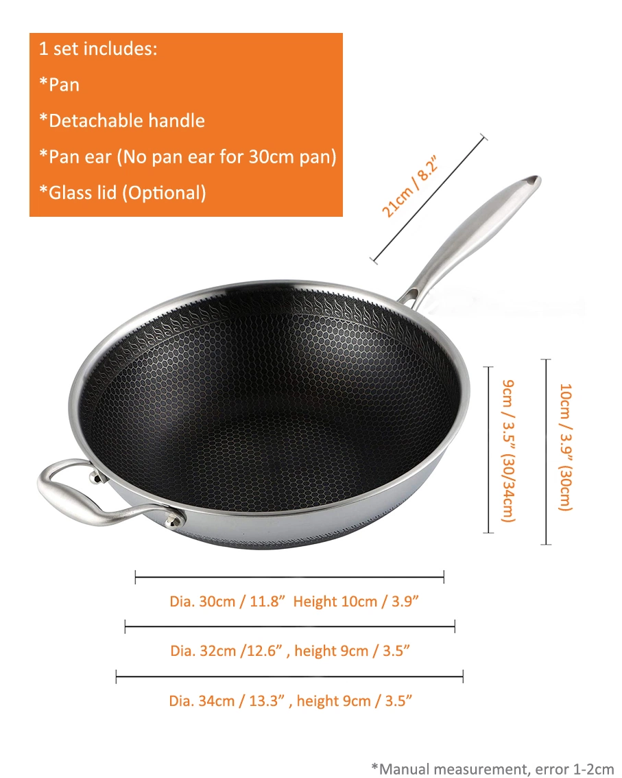 Stainless Steel Kitchenware Utensil Cookware Cooker Pot Multifunction Metal Material Honeycomb Nonstick Coating Griddle Fry Pans with Glass Lid