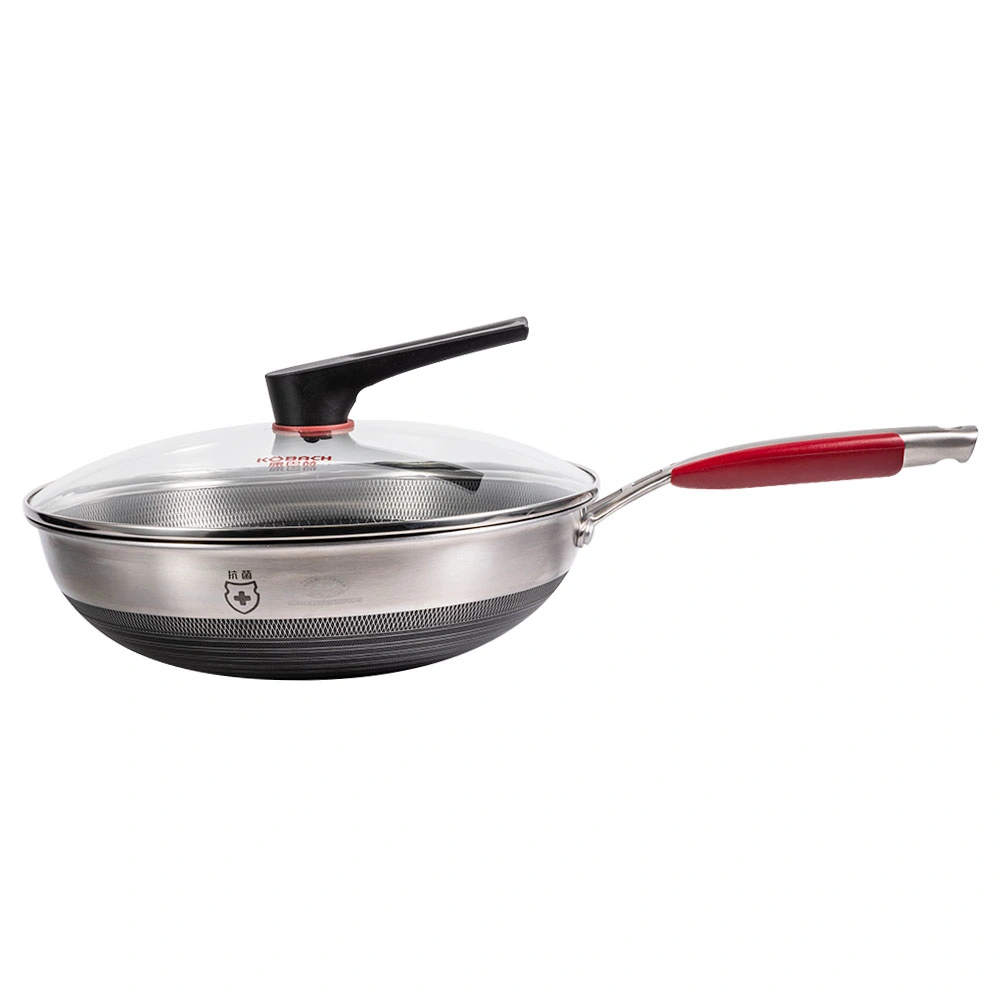 Factory Manufacture Stainless Steel Cookware Red Long Handled Wok with Lid