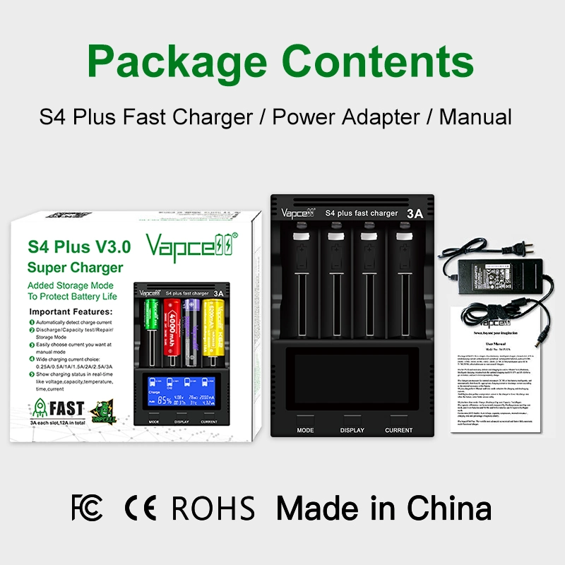 Beat Lii-600 Smart Fast Charger 4 Slots Vapcell S4 Plus Charger V3.0 for 21700 AA AAA 18650 26650 Lithium Ion Batteries Rechargeable Battery