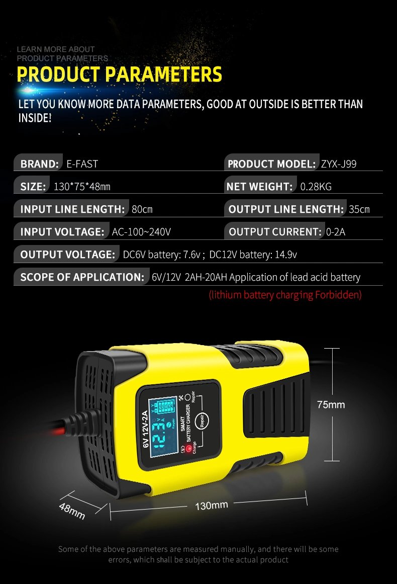 3-Stage Pulse Repair Battery Charger 6V/12V 2A Solar Car Battery Charger