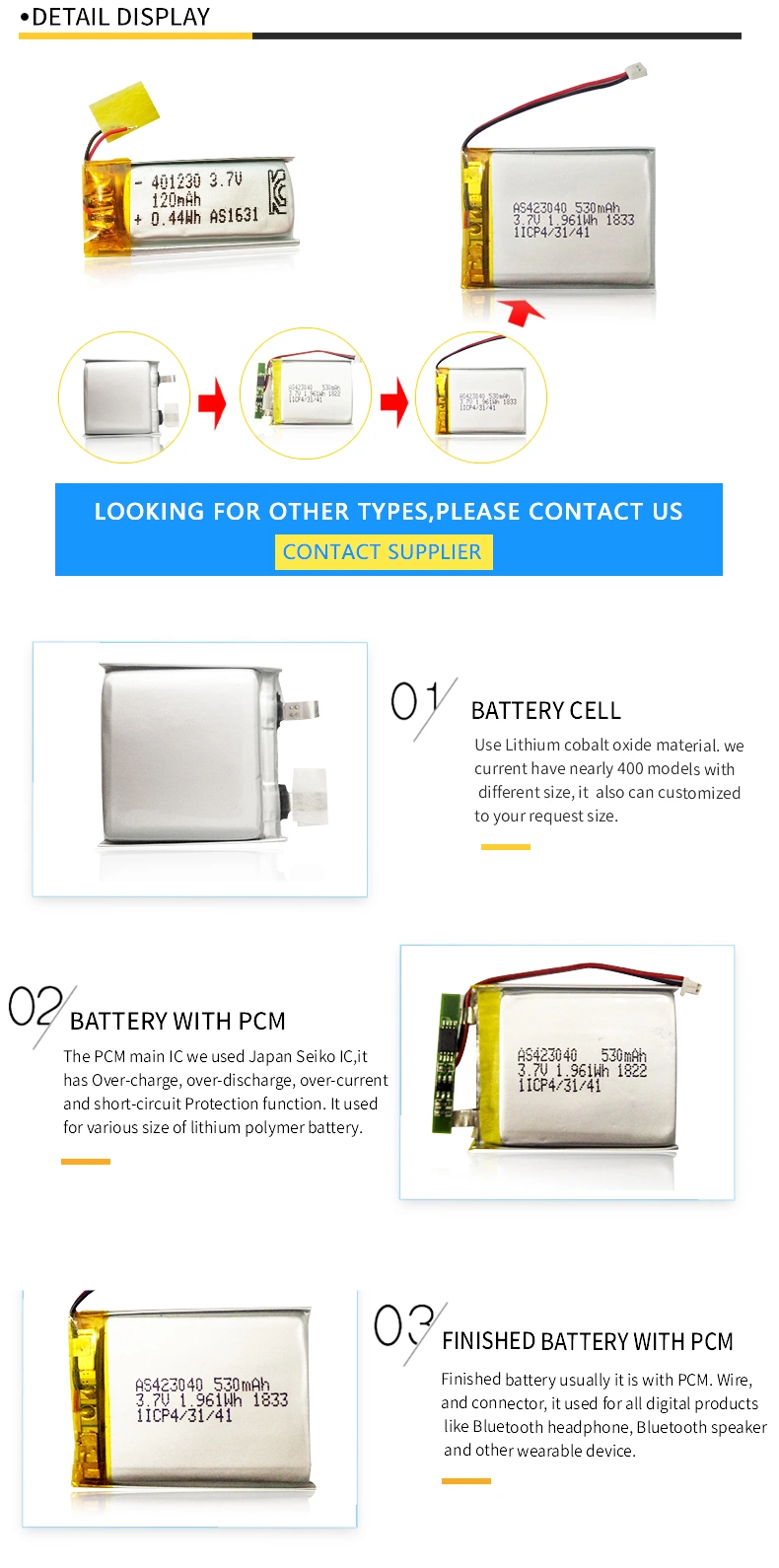 IEC62133 Certified Rechargeable 3.7V Lipo Battery 303080 850mAh Lithium Polymer Battery for Charger