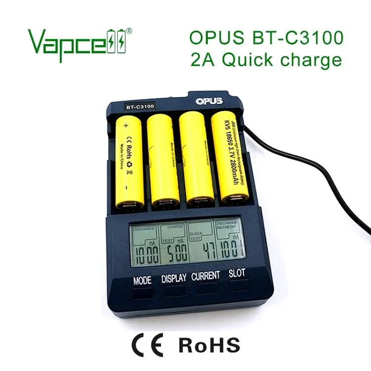 Opus Bt-C3100 V2.2 Digital Intelligent 4 Slots LCD Battery Charger for Li-ion NiCd NiMH AA AAA 10440 18650 Rechargeable Battery