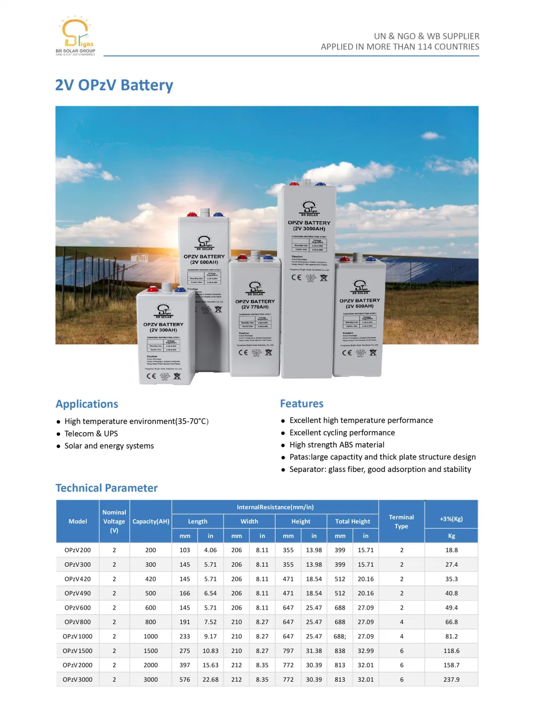 Customized 220kg Chargeable Rechargeable Lithium Solar Charger UPS Opzv Battery 2V2000ah Br-2V-3000ah