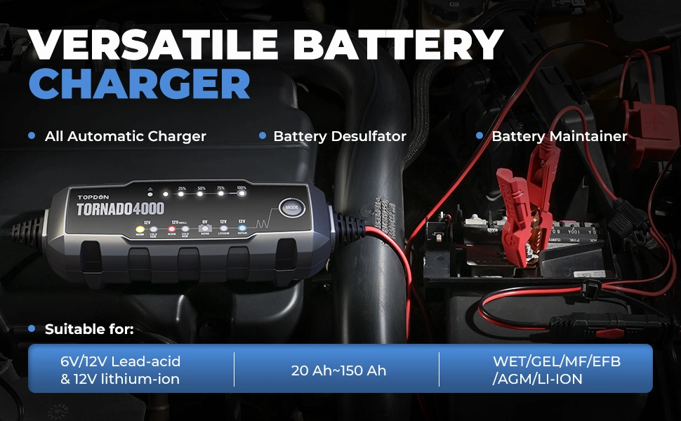 Topdon Factory Price Tornado4000 T4000 Portable Smart Multi Function Lead Acid Lithium Ion 6V 12V Automotic Vehicles Auto Motorcycles Truck Car Battery Charger