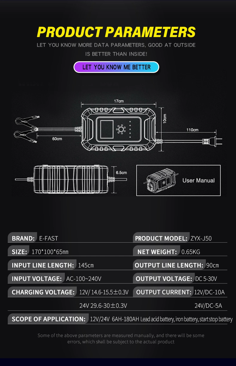 E-Fast Zyx-J50 Portable 7-Stage 12V 10A 24V 5A Car Battery Charger Deep-Cycle Lead Acid Battery Charger