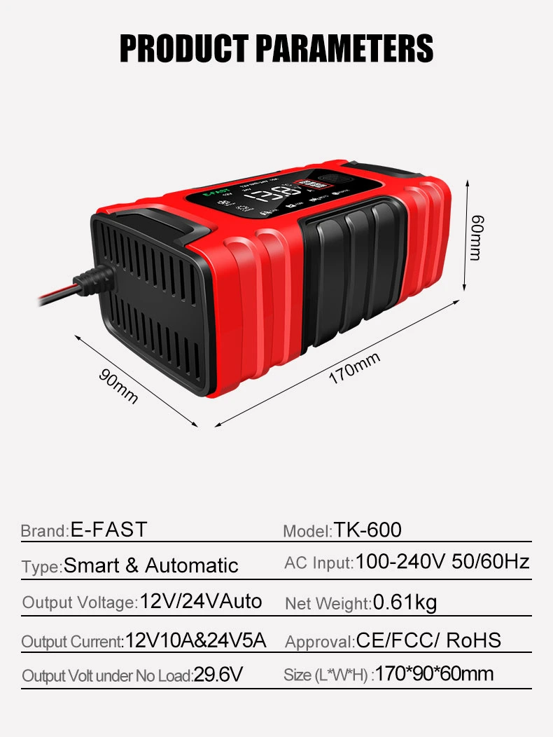 24V 5A 7-Stage Lead Acid AGM Motorcycle Car Battery Charger 12V 10A Smart LCD Display Automatic Charger