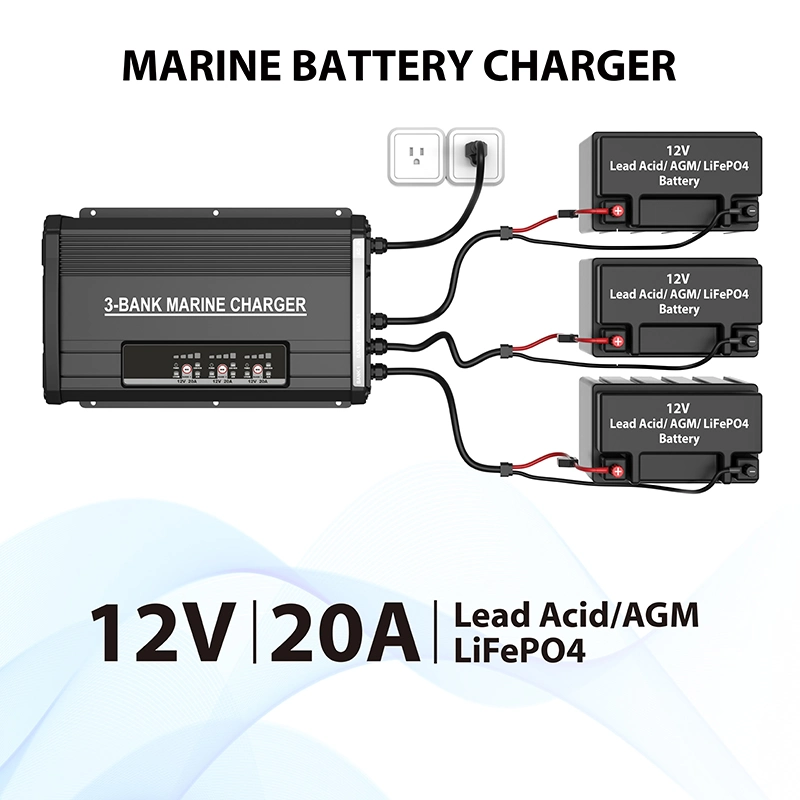 20 AMP 3 Bank Waterproof Marine Battery Charger for AGM, Wet, Lithium and Deep-Cycle Batteries