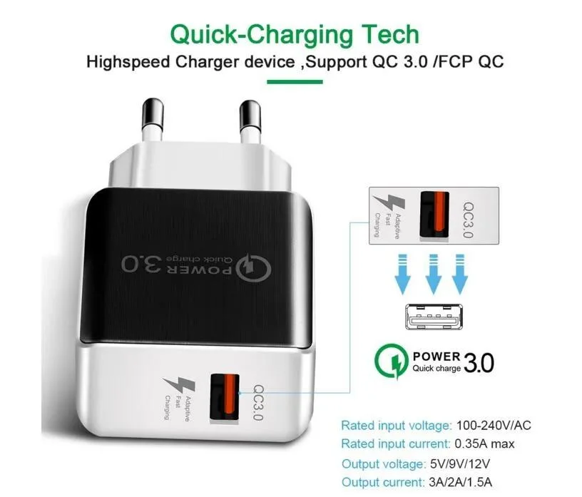 QC 3.0 Fast Wall Charger USB Quick Charge 5V 3A 9V 2A Travel Power Adapter Fast Charging Us for iPhone X Xs Samsung Huawei Tablet