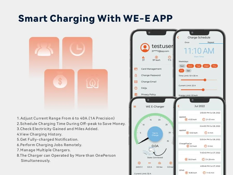 Weeyu WiFi Ocpp1.6j RS-485 CE RoHS Reach Listed Fast Charging 7kw 11kw 22kw Wall Box IEC Standard Electric Car Charger Type 2 EV Charging Station