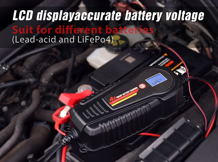 Portable Smart Car Battery Charger for 6V 12V 4A, Compatible with Lithium (LiFePO4) &amp; Lead Acid Batteries