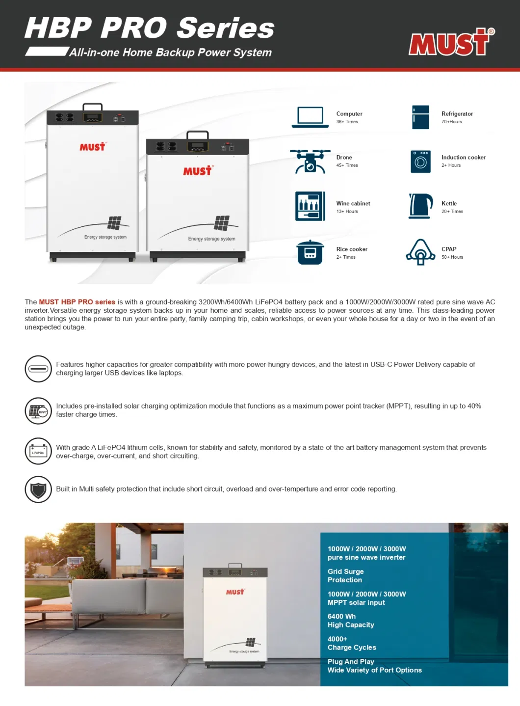 Must 1kw 3kw All in One Portable Solar Power System Solar Charger by LiFePO4 Battery Pack