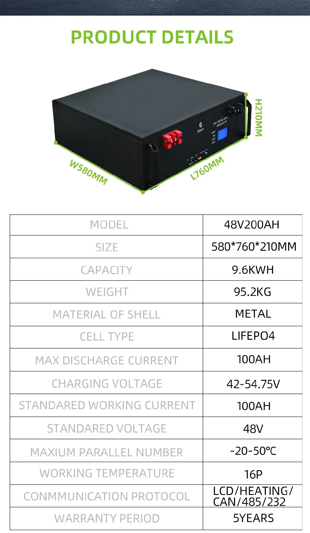 48V200ah LiFePO4 Battery Pack Solar Lithium Ion Batteries 48 Volt Lithium Golf Cart Battery