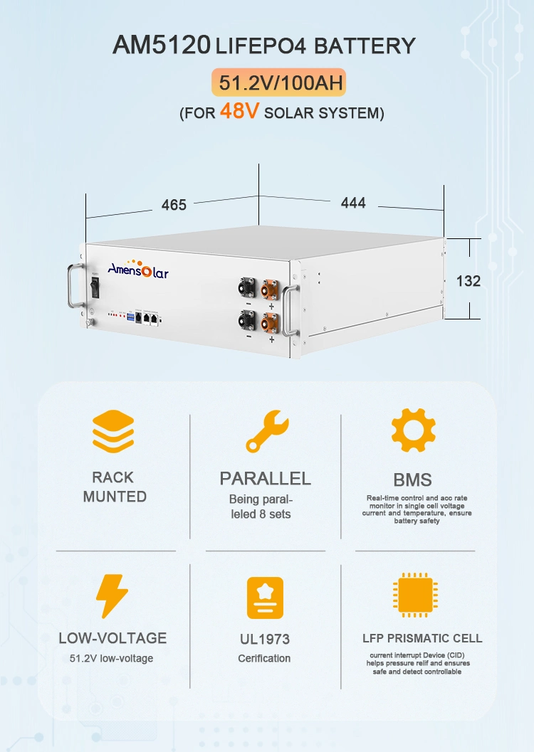 Amensolar Am5120 for Home Use Solar panel Deep Cycle Ess 2u Phosphate 51.2V 100ah 5kwh Lithium Ion Battery Pack 48 Volt