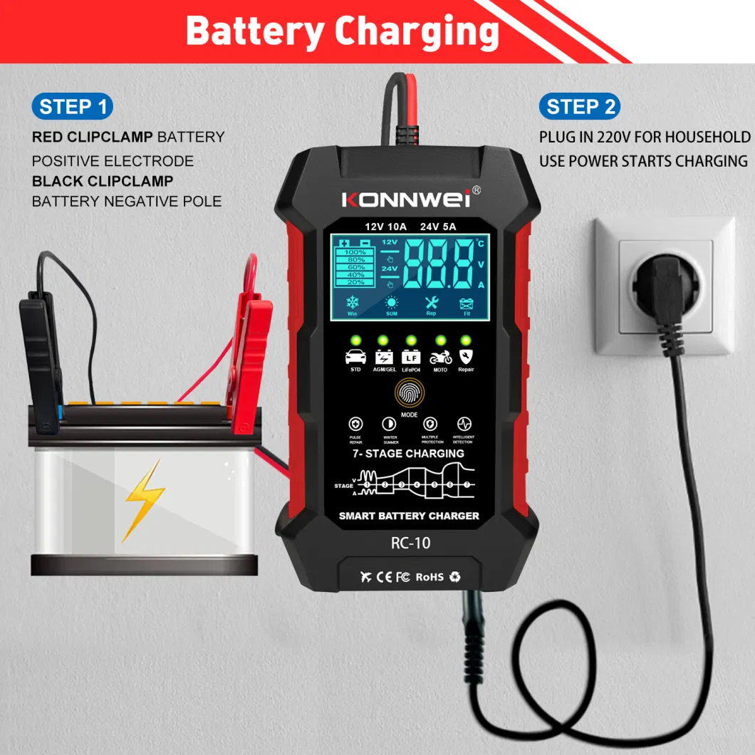 RC-10 12V/10A 24V/5A Smart Auto Battery Charger with Pulse Repair