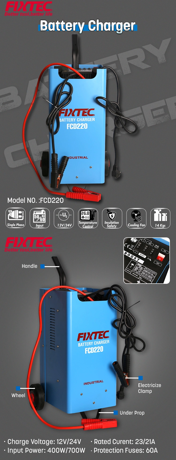 Fixtec 220-240V 50Hz Portable Battery Charger Automatic Charging Machine 12V/24V Battery Charger Powerful for Car