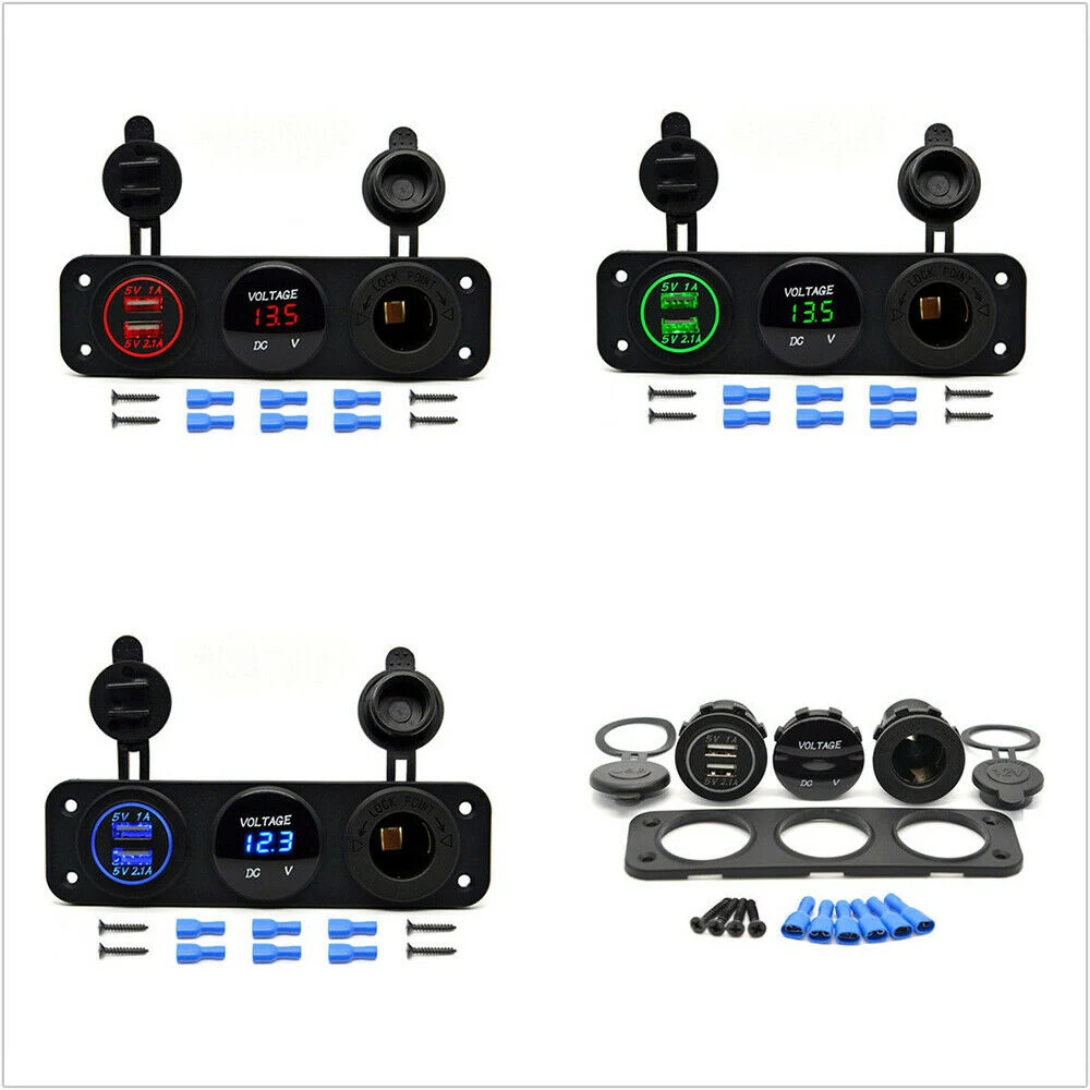 Car USB Charger + LED Voltmeter + Outlet Power Socket