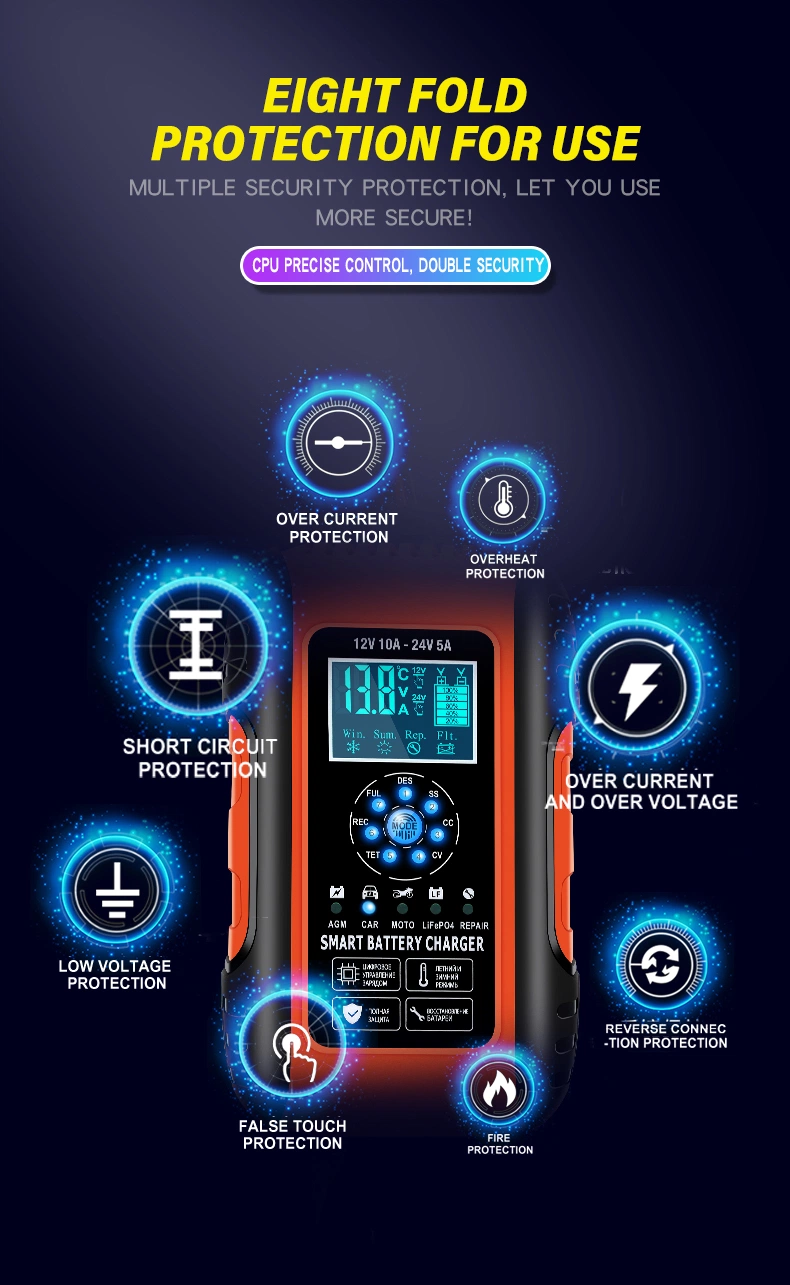 7 Stage Portable 12V 10A 24V 5A Automatic Car Battery Charger