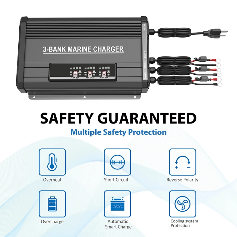 20 AMP 3 Bank Waterproof Marine Battery Charger for AGM, Wet, Lithium and Deep-Cycle Batteries