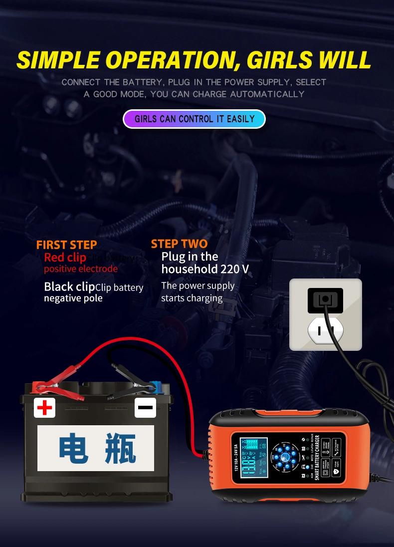 7 Stage Portable 12V 10A 24V 5A Automatic Car Battery Charger