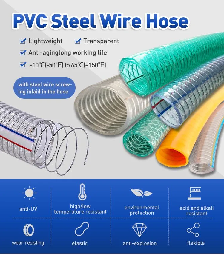 1&prime; X 1-1/2 ID Steel Wire Suction PVC Flexible Tubing High Pressure Heavy Duty UV Chemical Resistant Vinyl Hose