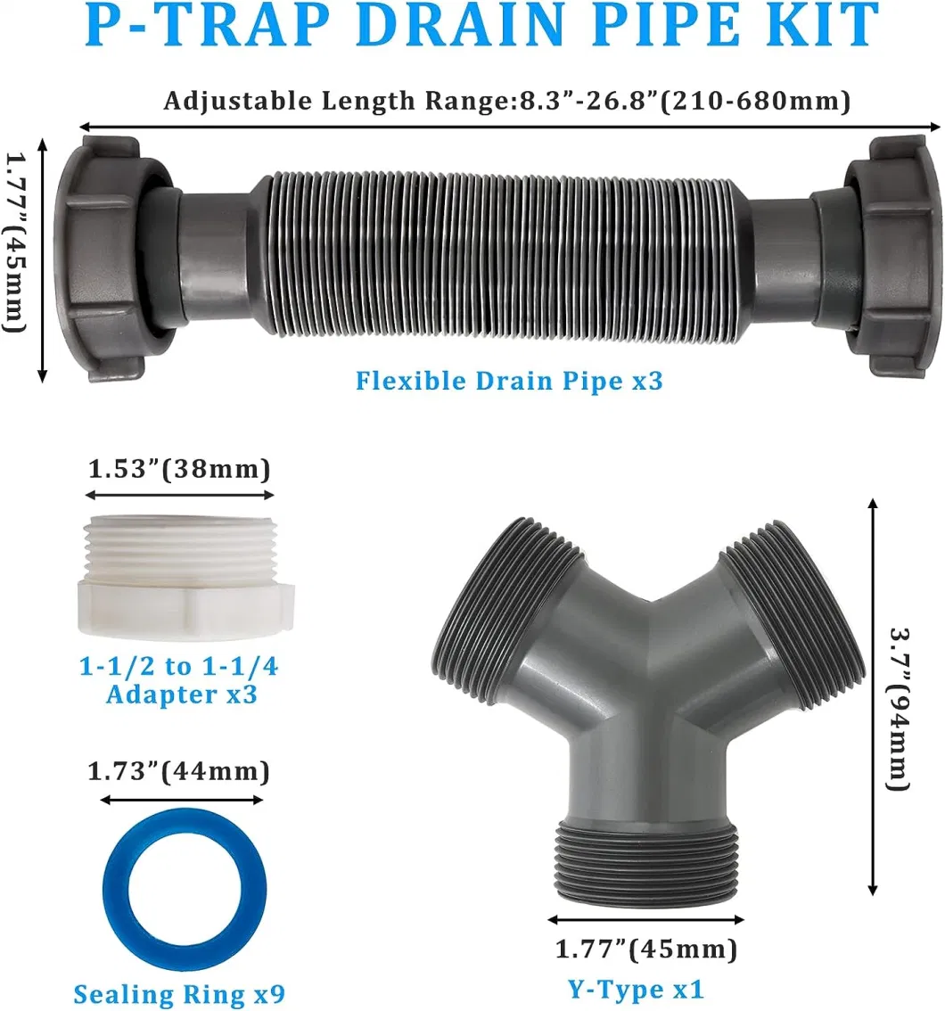 Flexible Drain Pipe with Connectors Plastic Hose Carbon Bellows for Kitchen Bathroom