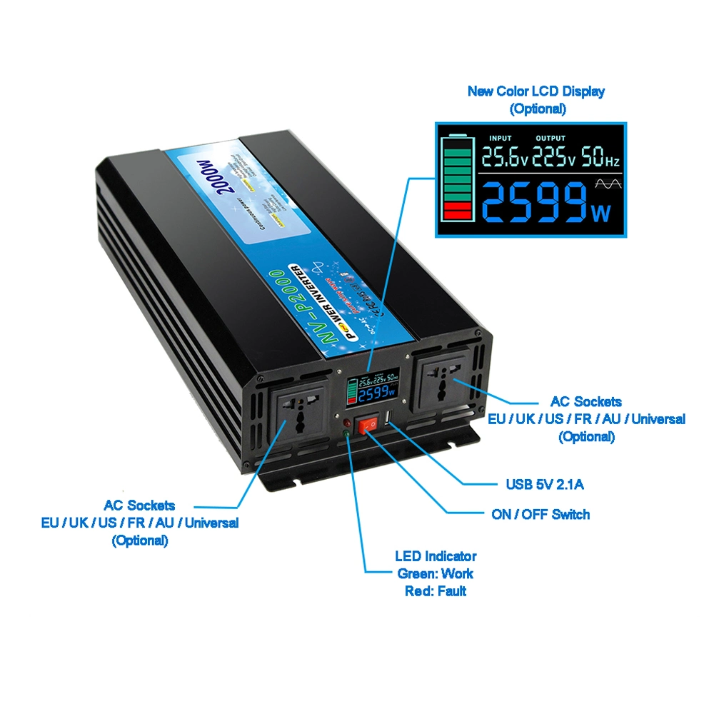 LCD Display Solar Power Inverter 1000W Pure Sine Wave Inverter 12V 24V DC to 120V 110V 220V 240V AC Converter for RV, Truck Inverter off-Grid Solar System