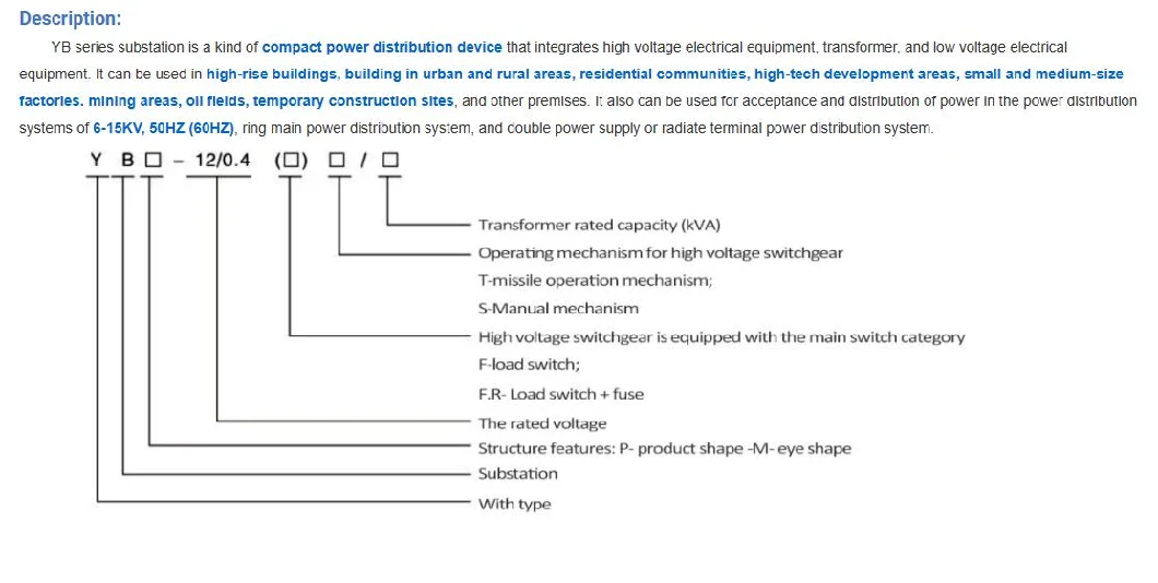 Yb Series 10kv 200kVA~2000kVA Outdoor Compact Transformer Substation European Style Substation