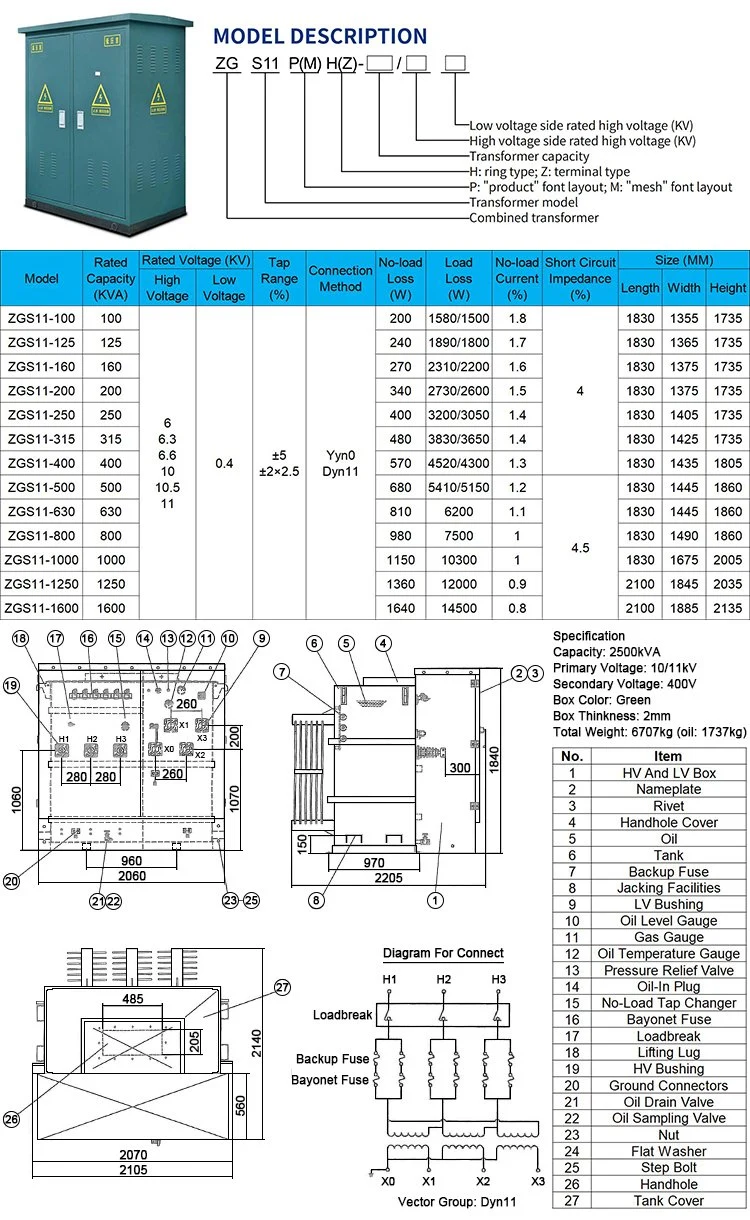 Zgs11 500kVA 10kv 10.5kv 11kv 400V Outdoor Box Type Pad Mounted Oil Power Transformer Substations