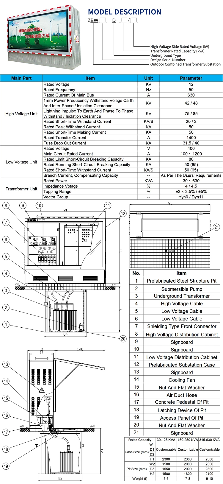 YBD 630kva 11kv 0.4kv OEM ODM Box-Type Underground Combined Power Transformer Substation