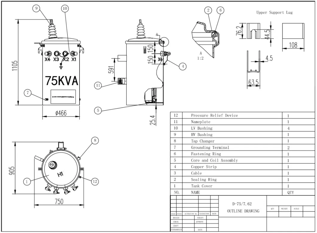 Yawei 13.8kv 240V/480V 100kVA Oil-Immersed Single Phase Pole Mounted Transformer