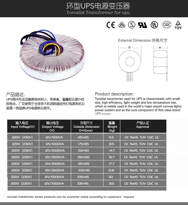 12V 24V 1000va DC Toroidal Transformer for Solar Lighting